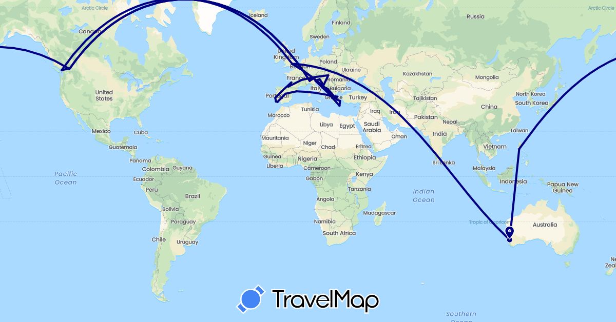 TravelMap itinerary: driving in Australia, Canada, Spain, France, United Kingdom, Greece, Croatia, Hungary, Italy, Japan, Montenegro, Philippines, Portugal, Slovenia (Asia, Europe, North America, Oceania)